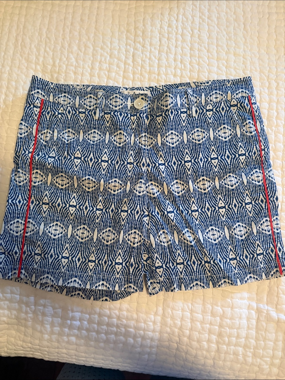 CAbi Blue Geometric Pattern Shorts with Red Trim